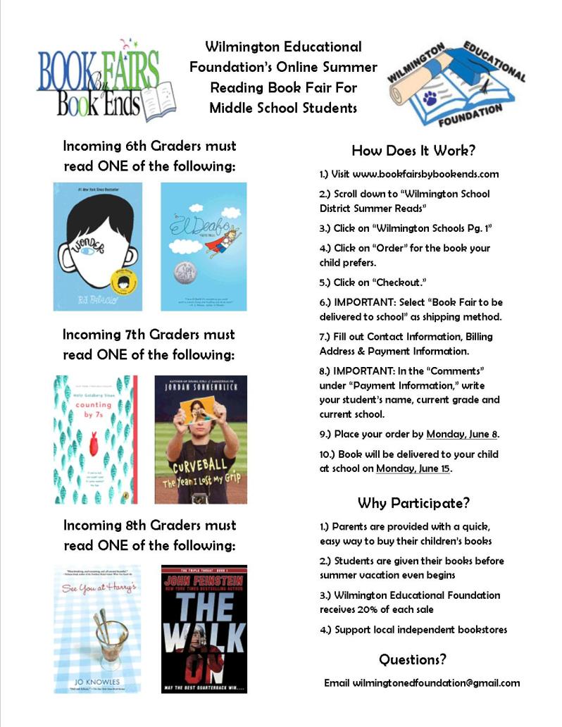 Wilmington Educational Foundation -- Middle School Summer Reading Online Book Fair Flyer