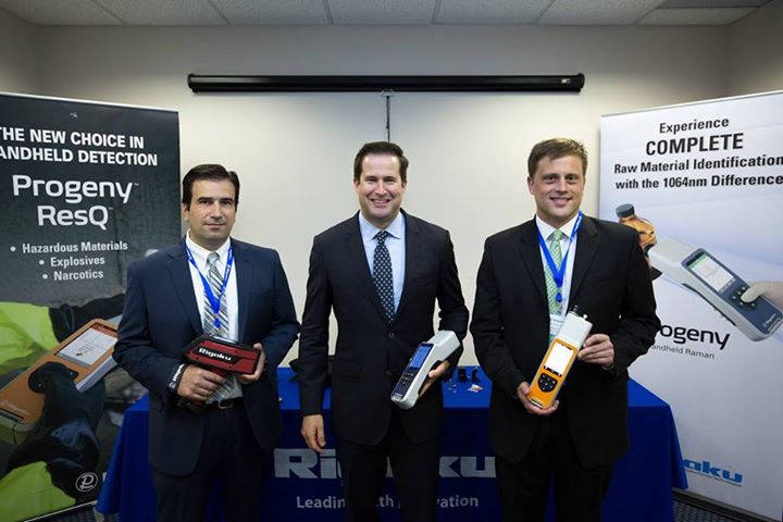 Congressman Moulton holds a Progeny handheld Raman along with David Mercuro holding a Katana (VP & General Manager of Katana handheld LIBS) and Eric Roy with a Progeny ResQ (Product Manager of Progeny product line).