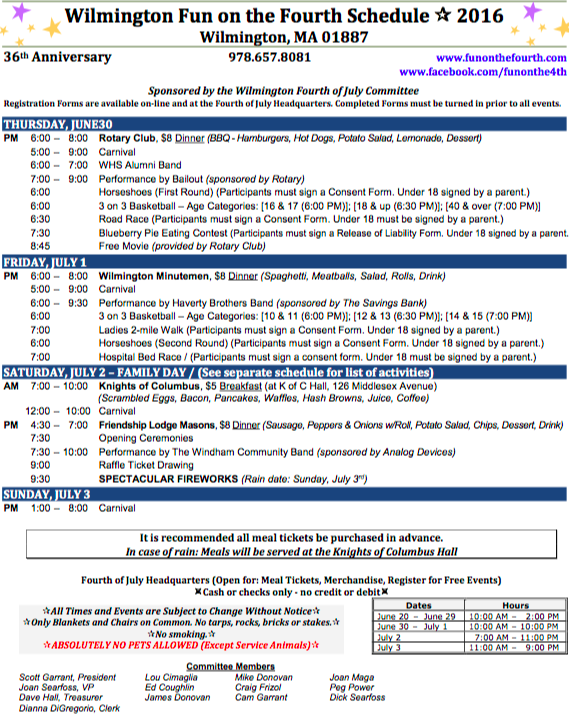 2016 Wilmington Fun on the Fourth Schedule