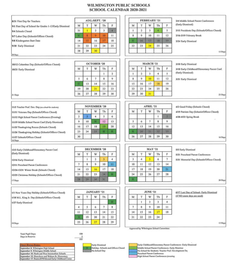 Wilmington School Calendar