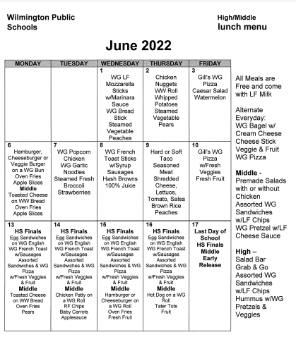 High School Lunch Menu