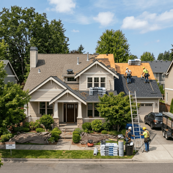 Construction workers replacing roof shingles on a house